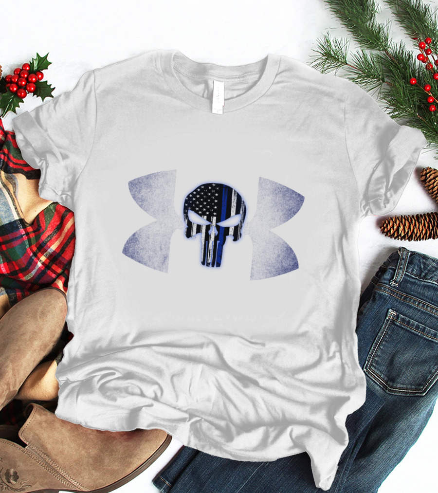 Punisher Skull Thin Blue Line Under Armour Logo American Flag T-Shirt