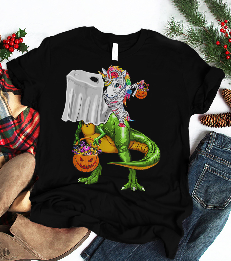 Funny Boo Dinosaur Mummy Unicorn Carrying Pumpkin Halloween T-Shirt