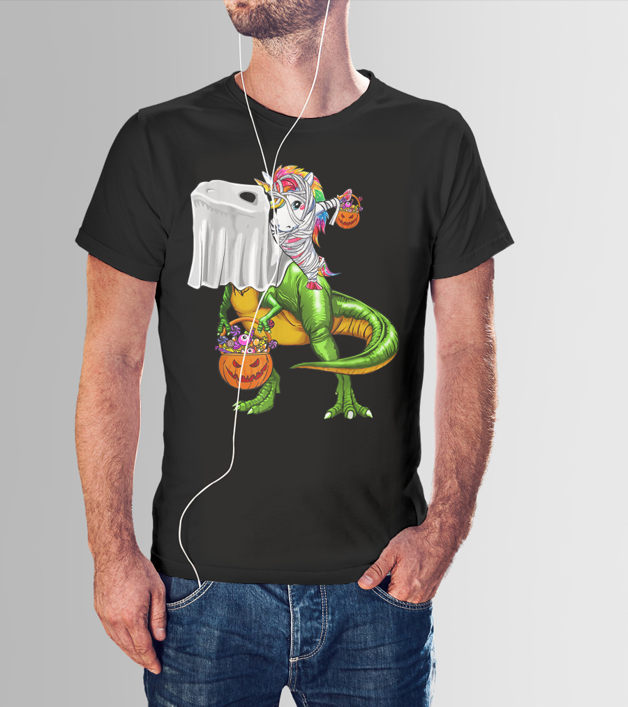 Funny Boo Dinosaur Mummy Unicorn Carrying Pumpkin Halloween T-Shirt