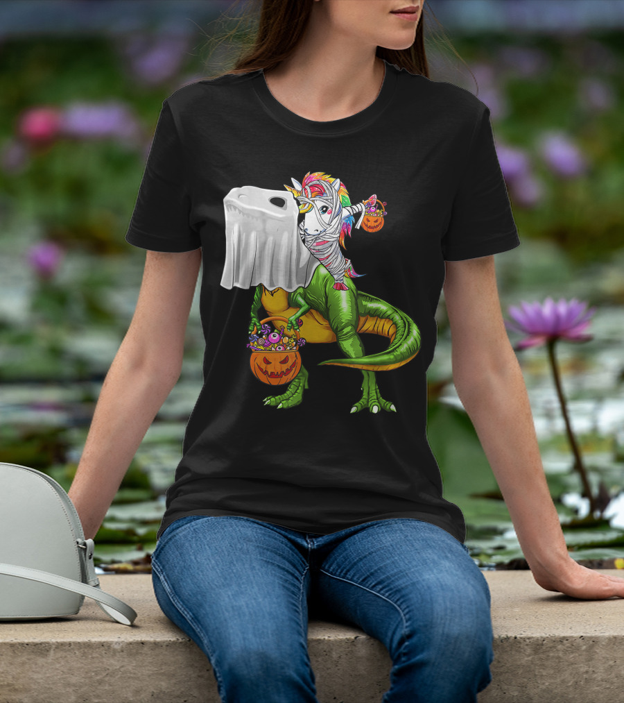 Funny Boo Dinosaur Mummy Unicorn Carrying Pumpkin Halloween T-Shirt