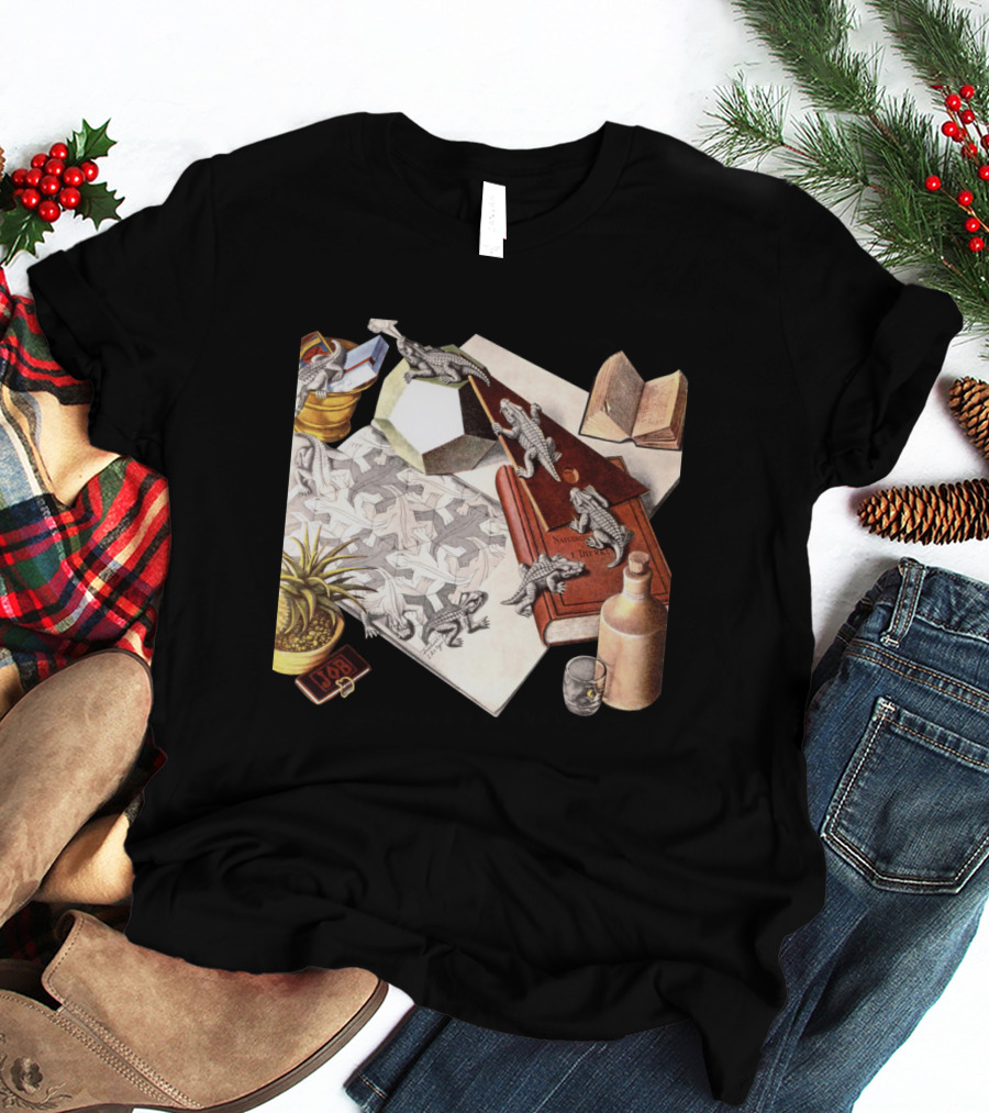 M.c. Escher 1988 Reptiles Optical Illusion Morphing Creatures Book And Geometric Patterns T-Shirt