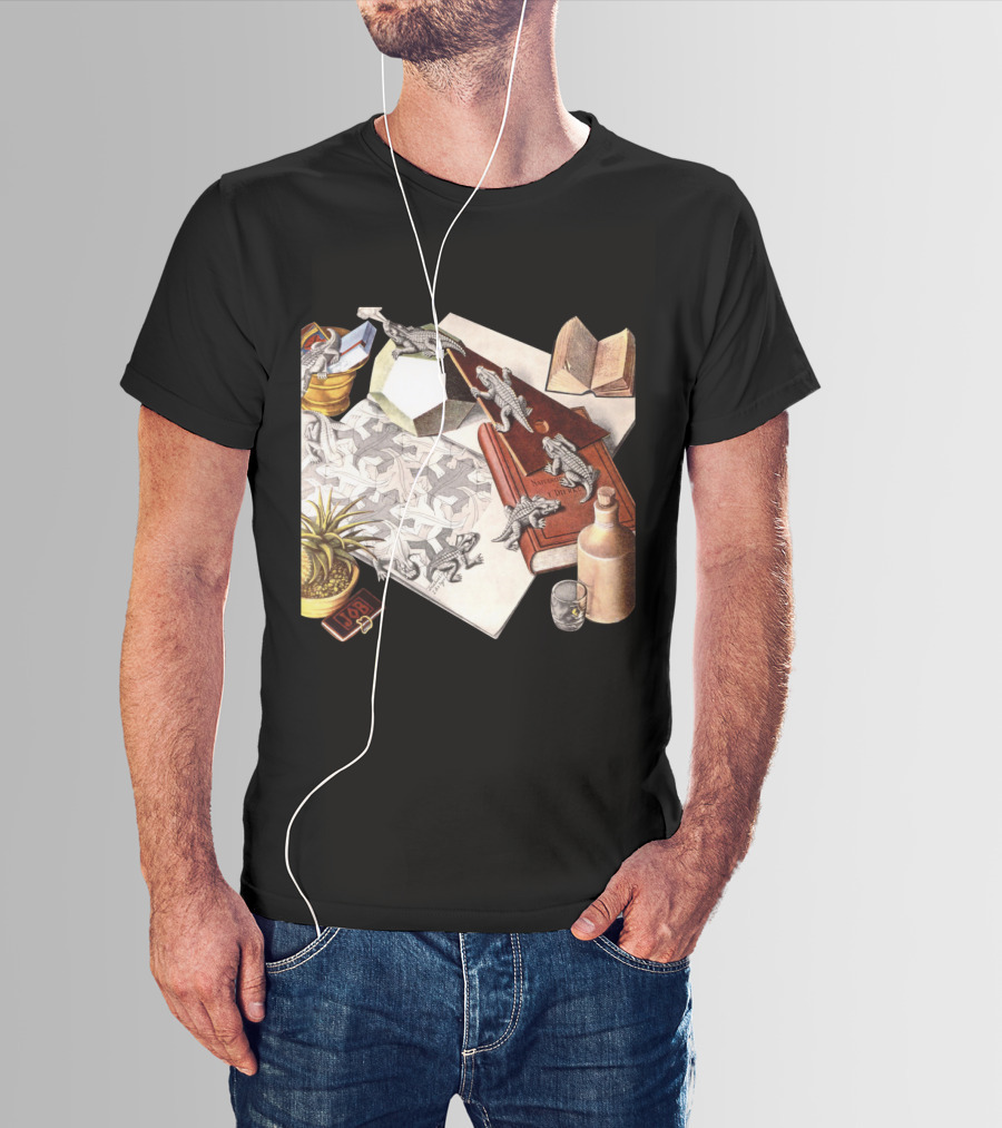 M.c. Escher 1988 Reptiles Optical Illusion Morphing Creatures Book And Geometric Patterns T-Shirt