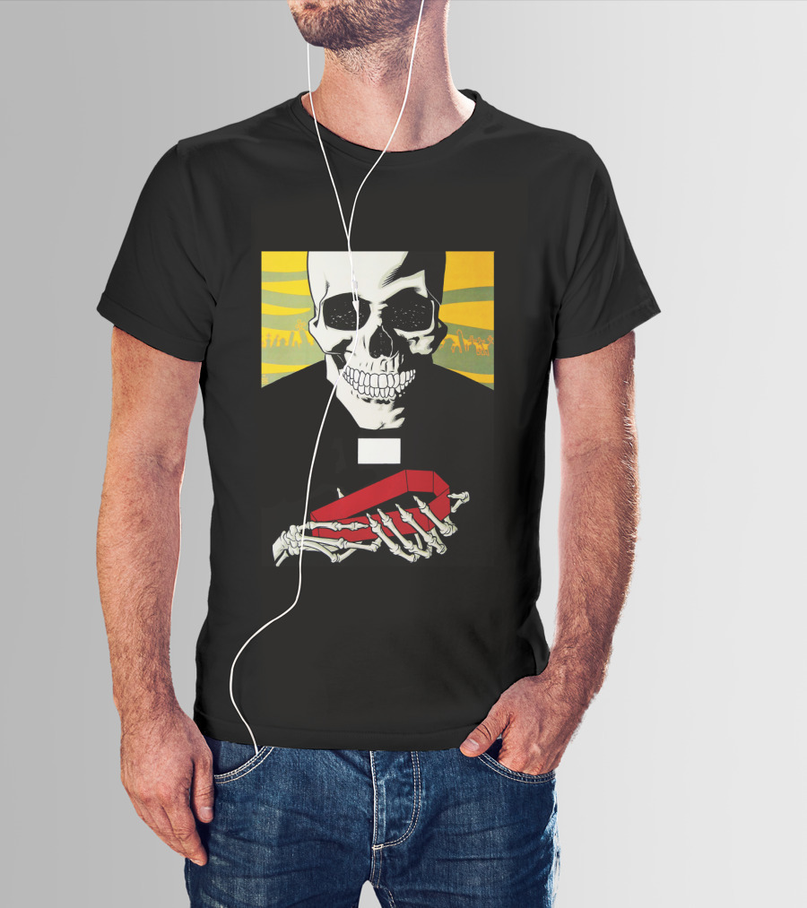 Bold Skeleton With Red Coffin On Striped Yellow T-Shirt
