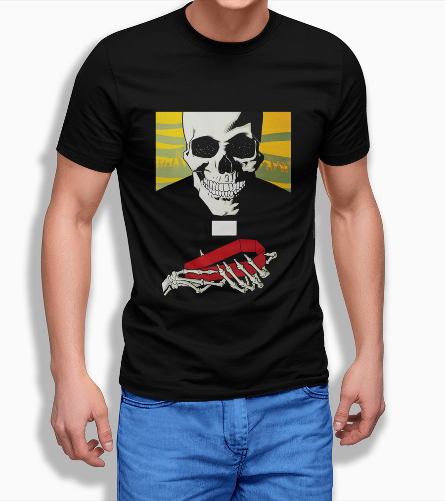 Bold Skeleton With Red Coffin On Striped Yellow T-Shirt