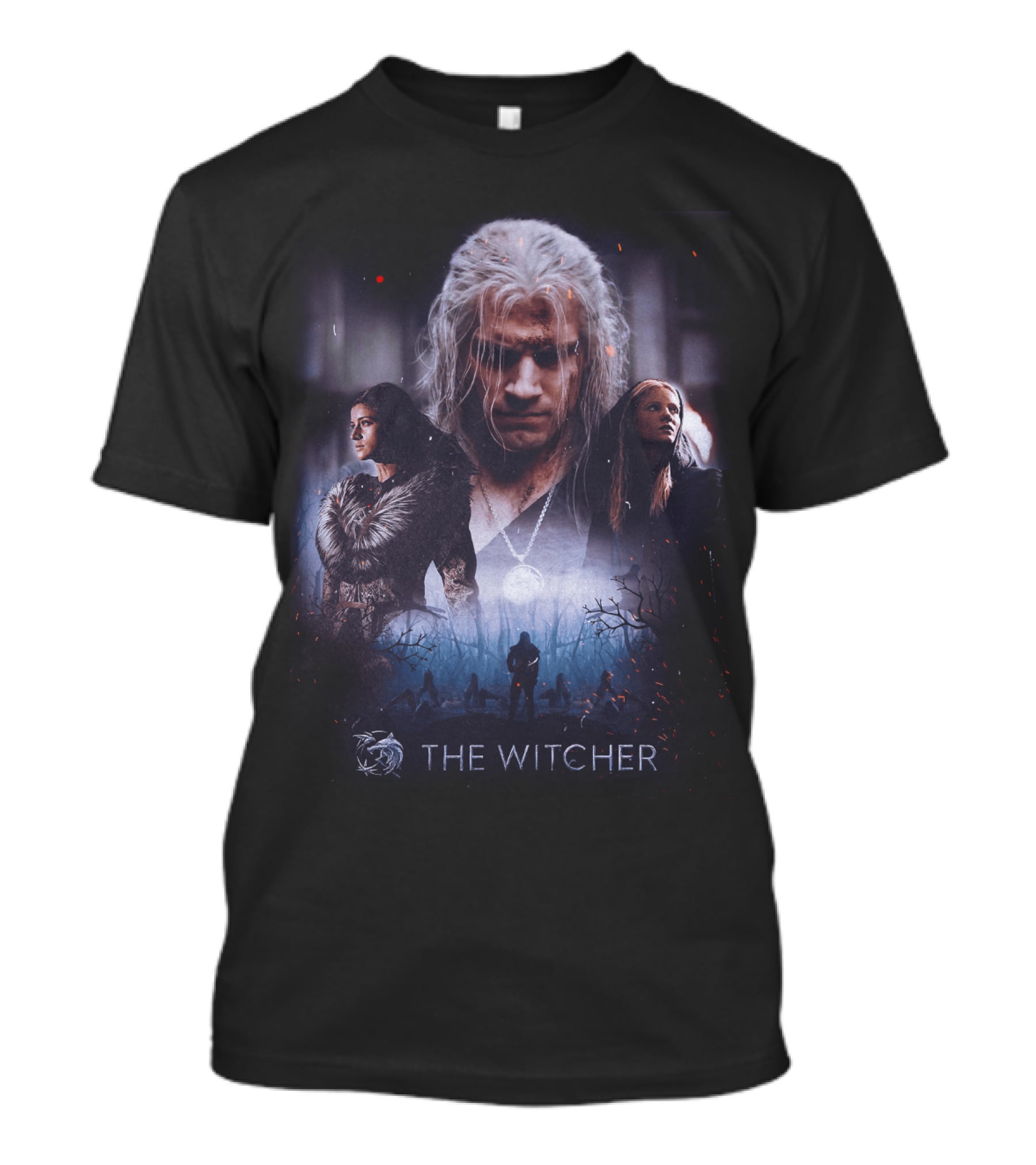 The Witcher Geralt Yennefer Ciri Dark Forest Scene T-Shirt