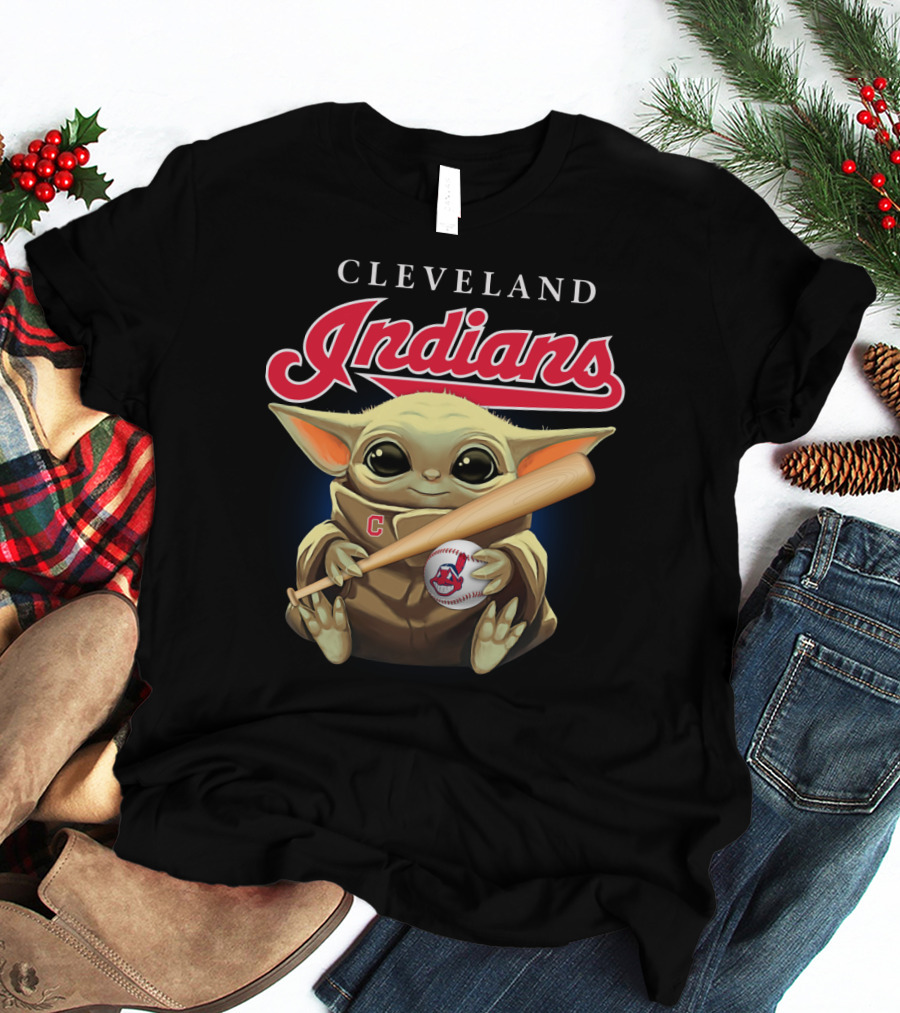 Cleveland Indians Baby Yoda Baseball Bat And Ball T-Shirt