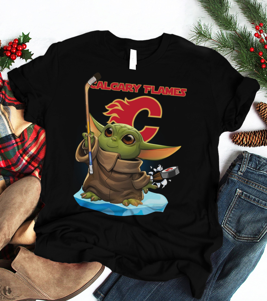 Calgary Flames Baby Yoda Hockey Puck T-Shirt