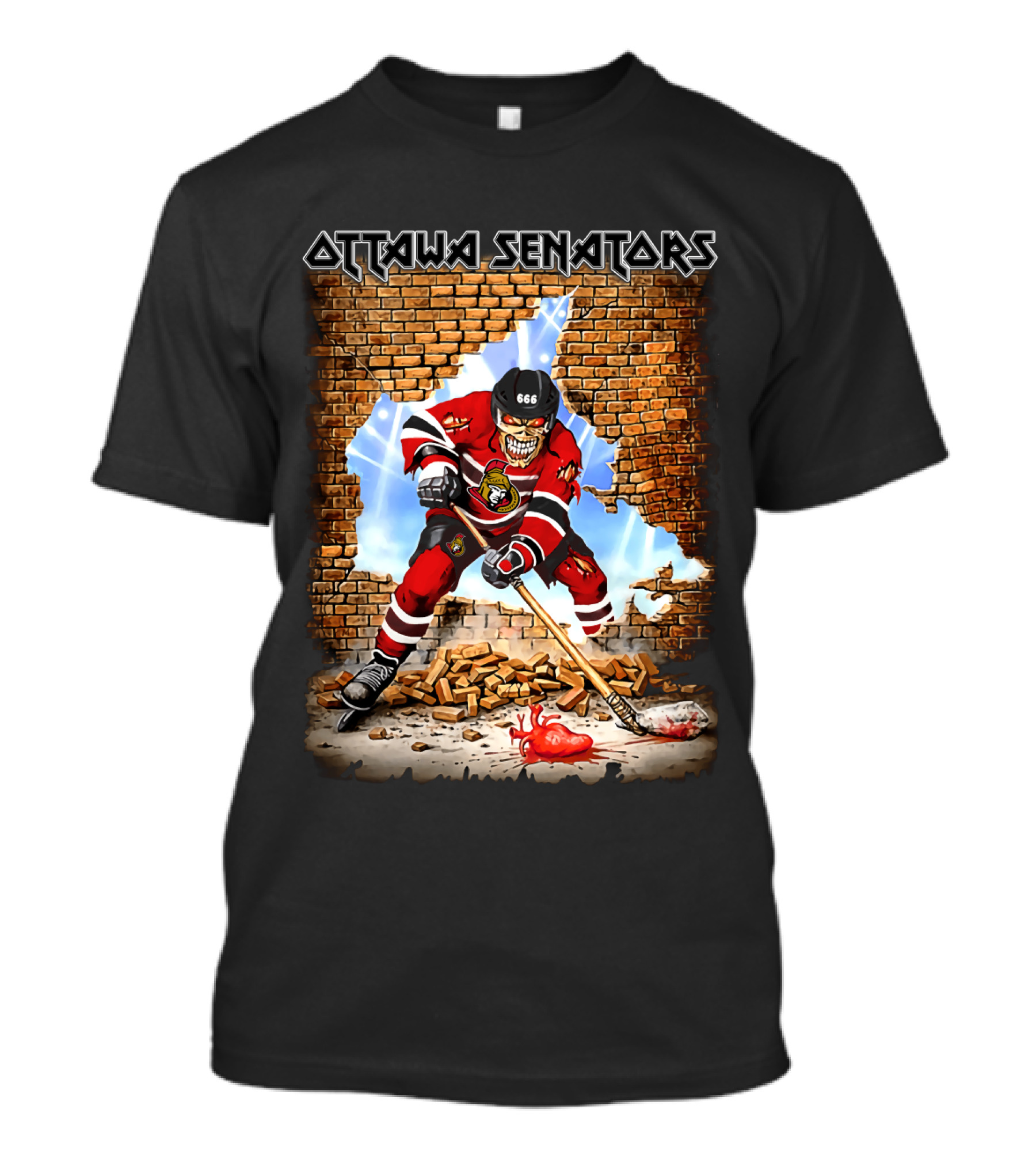 Ottawa Senators Skeleton Hockey Player Breaking Through Brick Wall T-Shirt