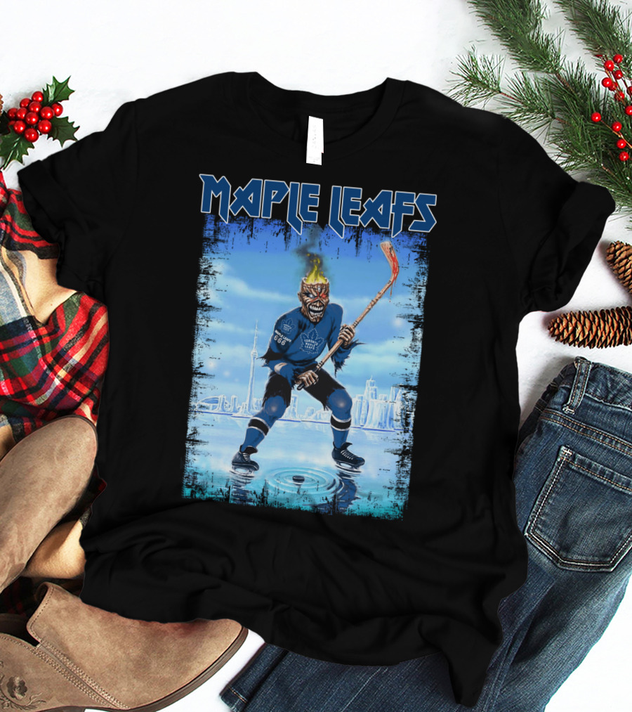 Maple Leafs Hockey Player With Fiery Skull And Hockey Stick On Ice In Front Of City Skyline T-Shirt