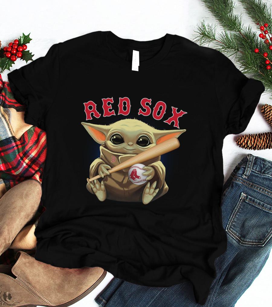 Boston Red Sox Baby Yoda Holding Baseball And Bat T-Shirt