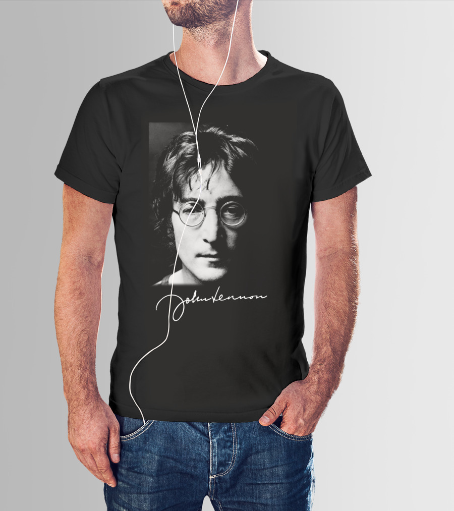 John Lennon Black And White Portrait With Signature T-Shirt