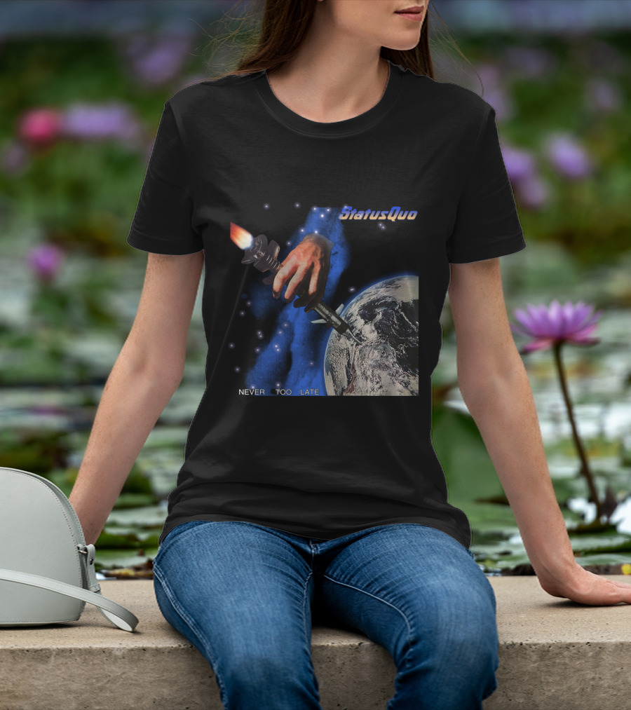 Status Quo Never Too Late Album Cover Space Hand Rocket Earth T-Shirt