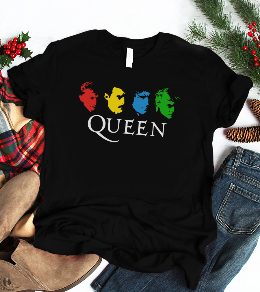 Queen Band Colorful Faces On Black T-Shirt