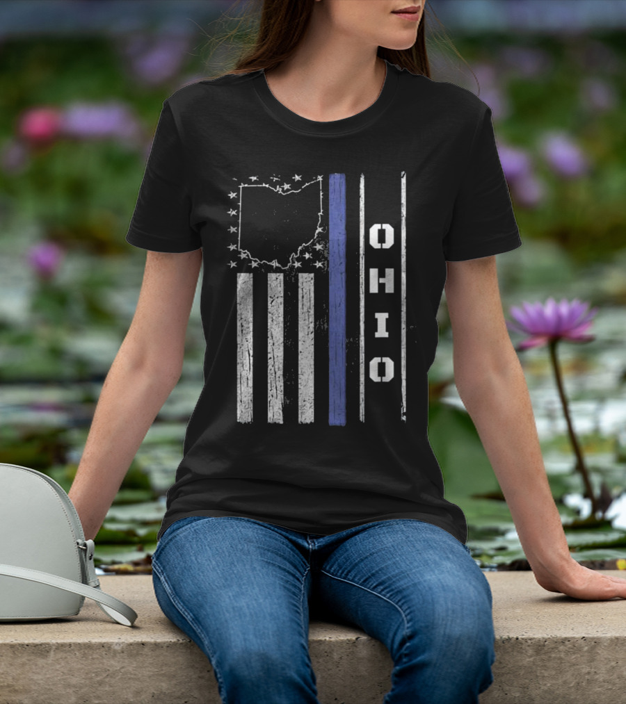 Ohio Thin Blue Line Flag With State Outline And Stars T-Shirt