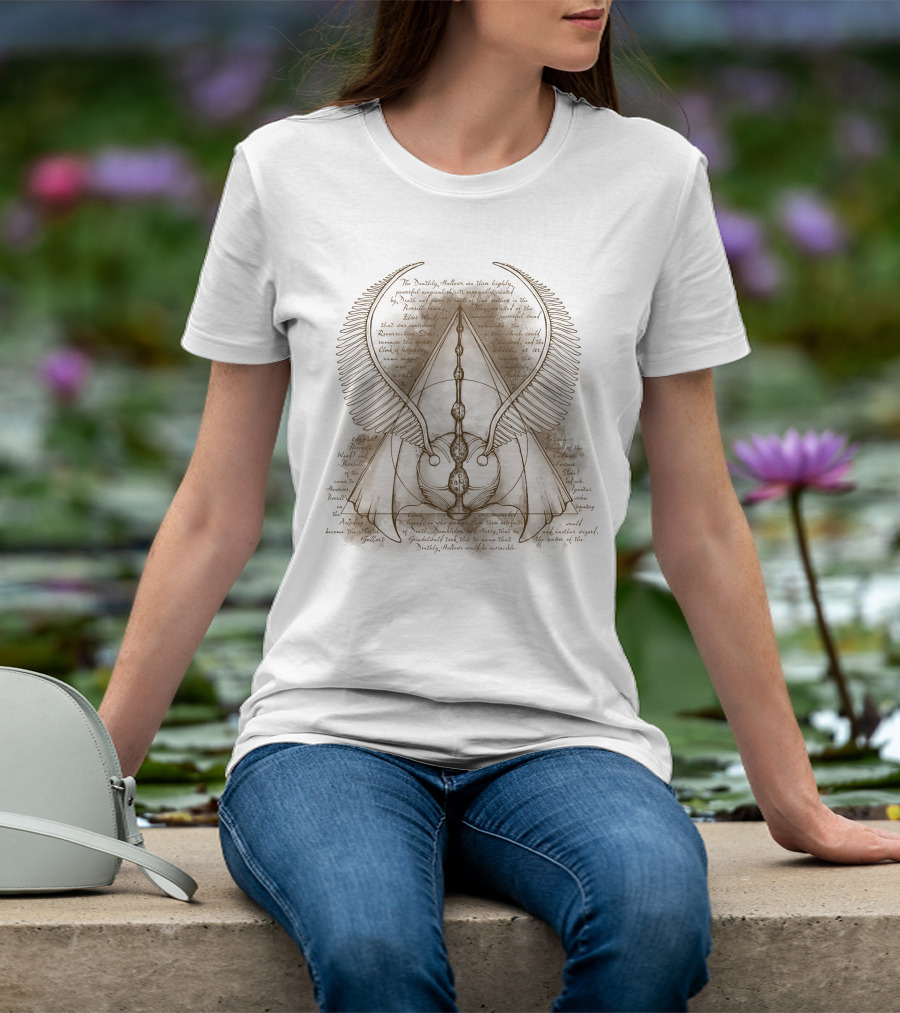 The Deathly Hallows Winged Triangular Design With Ancient Texts T-Shirt