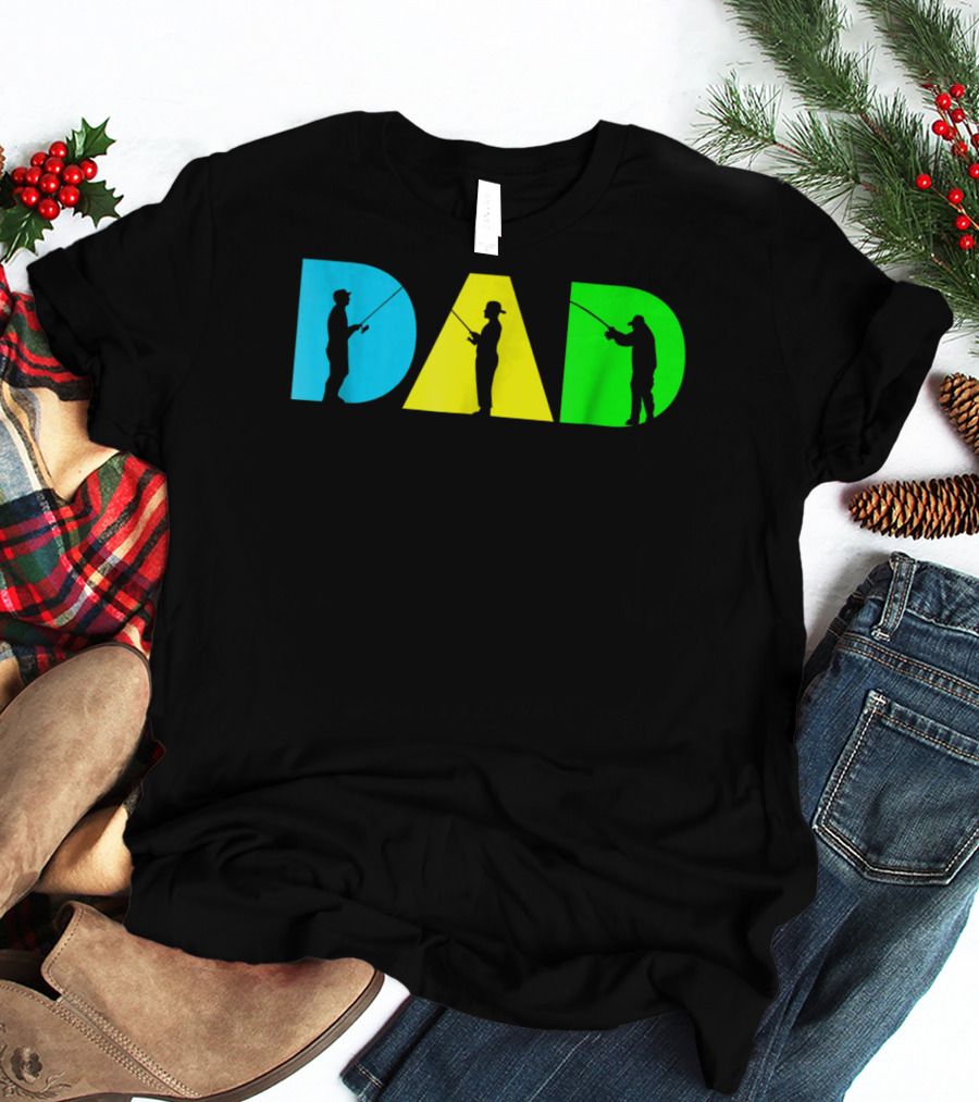 Funny Dad Fishing Silhouette Blue Yellow Green Design Father76 T-Shirt