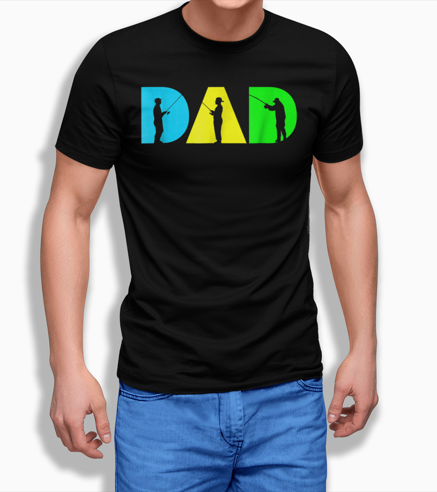 Funny Dad Fishing Silhouette Blue Yellow Green Design Father76 T-Shirt
