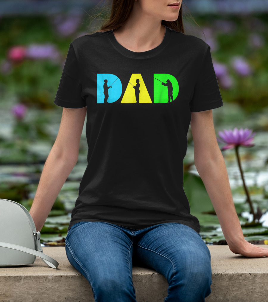 Funny Dad Fishing Silhouette Blue Yellow Green Design Father76 T-Shirt