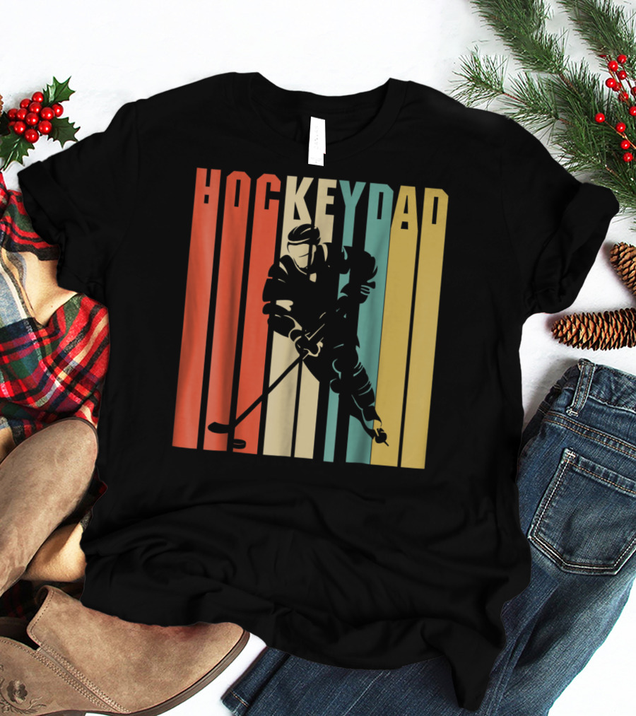 Classic Vintage Hockey Dad Player Silhouette Retro Stripes T-Shirt