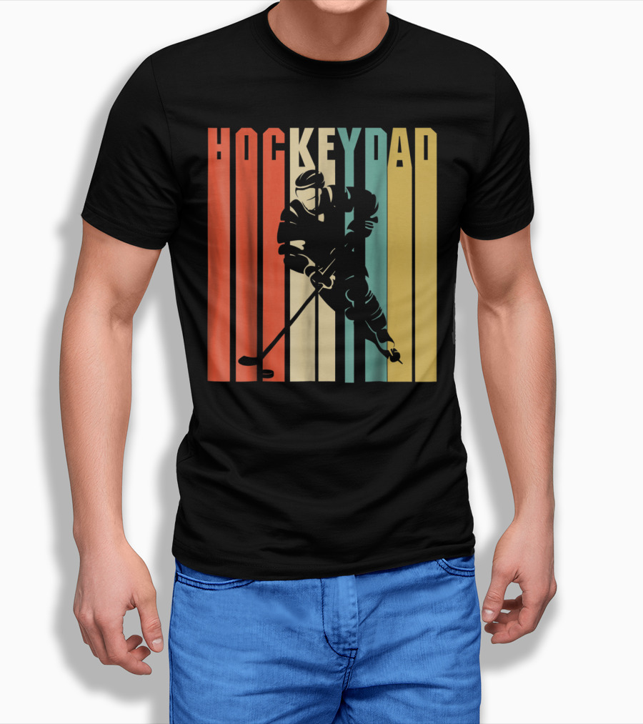 Classic Vintage Hockey Dad Player Silhouette Retro Stripes T-Shirt