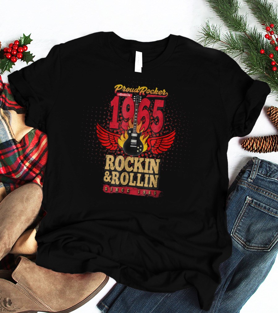 Proud Rocker Made In 1965 Rockin And Rollin Since 1965 Flaming Wing Guitar T-Shirt