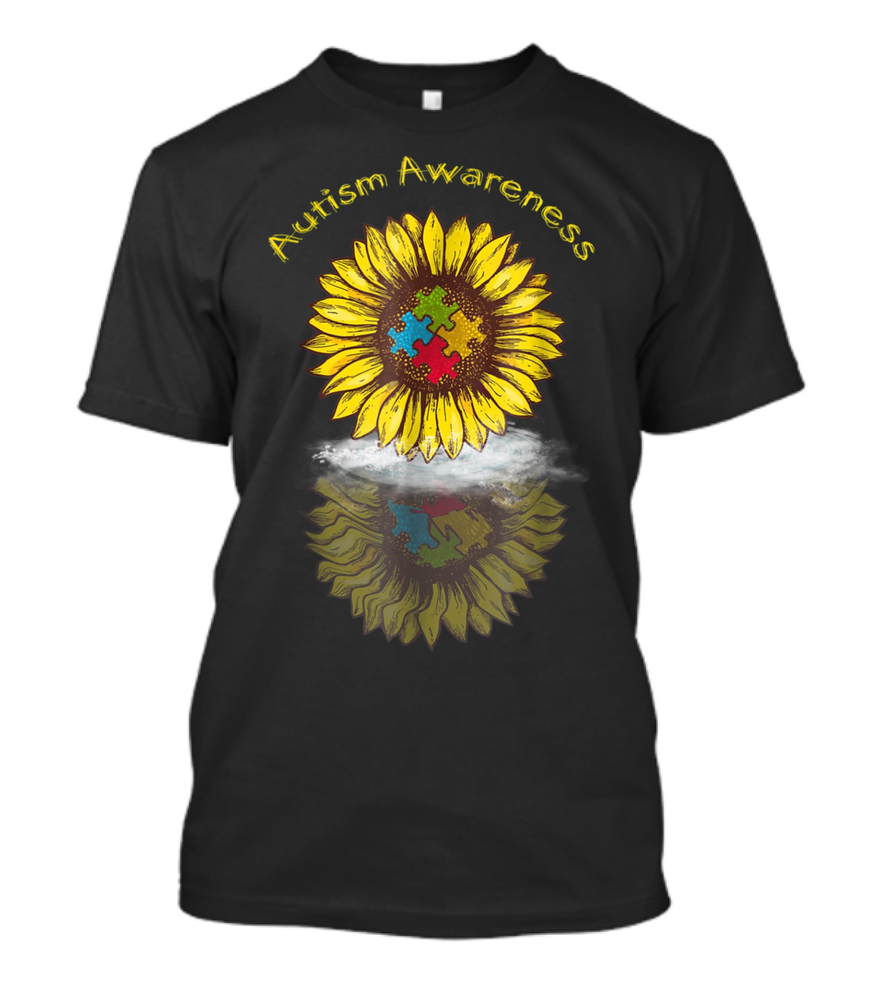 Autism Awareness Sunflower With Puzzle Piece Reflection In Water T-Shirt