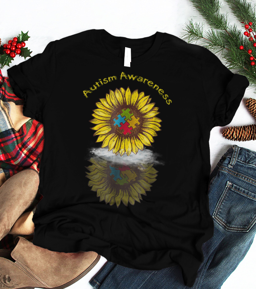 Autism Awareness Sunflower With Puzzle Piece Reflection In Water T-Shirt