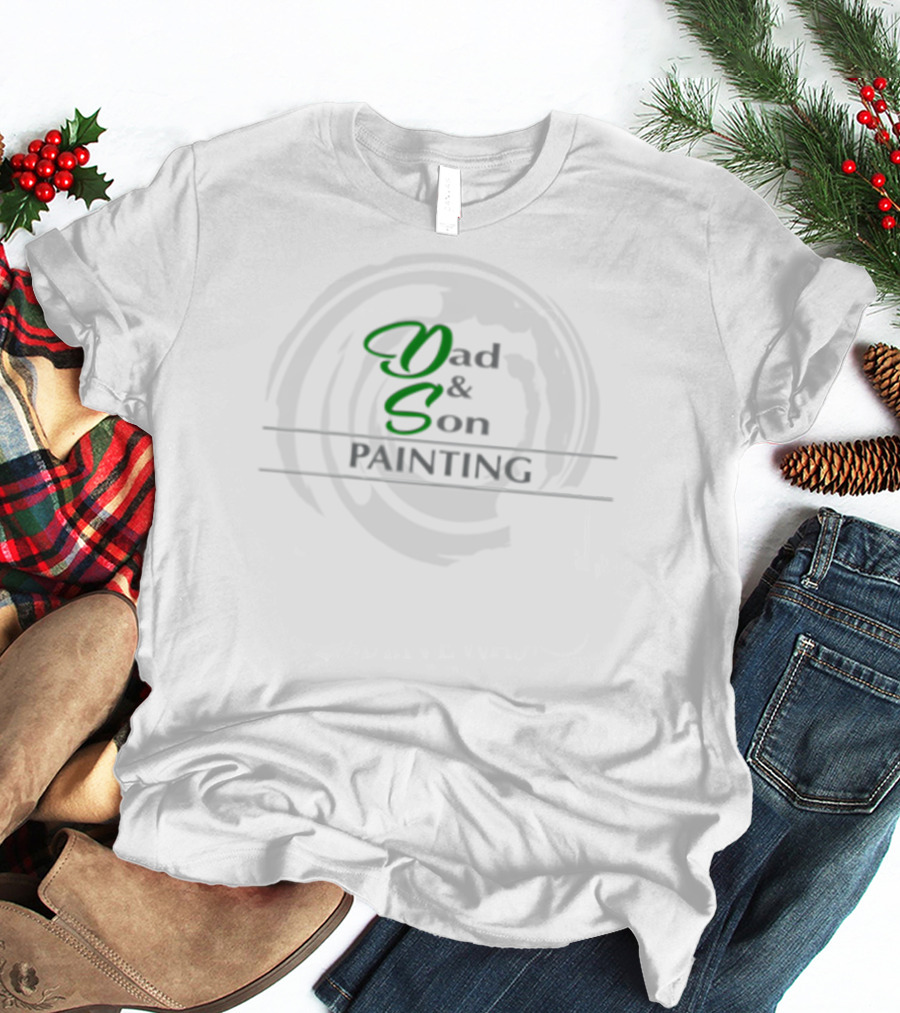 Dad And Son Painting Logo Design With Circular Brushstroke Background T-Shirt