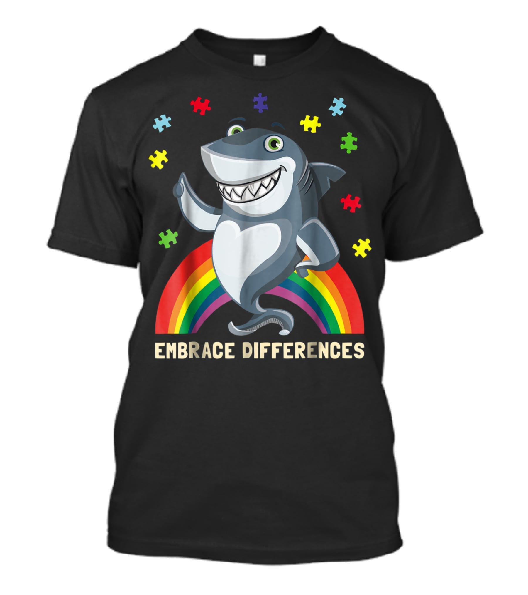 Embrace Differences Autism Awareness Kids Dad Shark Puzzle Piece Rainbow T-Shirt