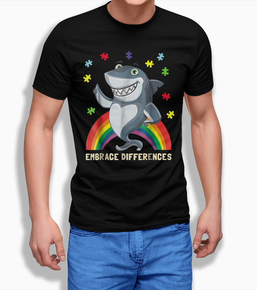 Embrace Differences Autism Awareness Kids Dad Shark Puzzle Piece Rainbow T-Shirt