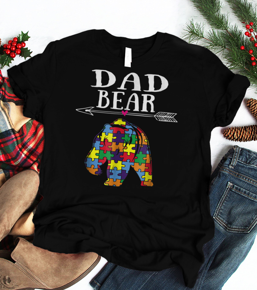 Dad Bear Autism Awareness Puzzle Pieces Arrow T-Shirt