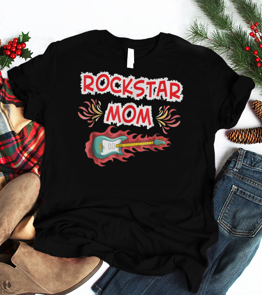 Rockstar Mom Electric Guitar Fire Design Rock Fan T-Shirt