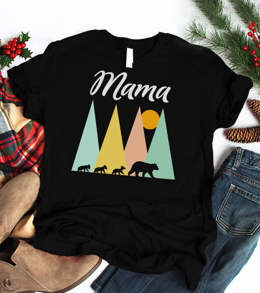 Mama Bear With Three Cubs Camping In The Mountains T-Shirt