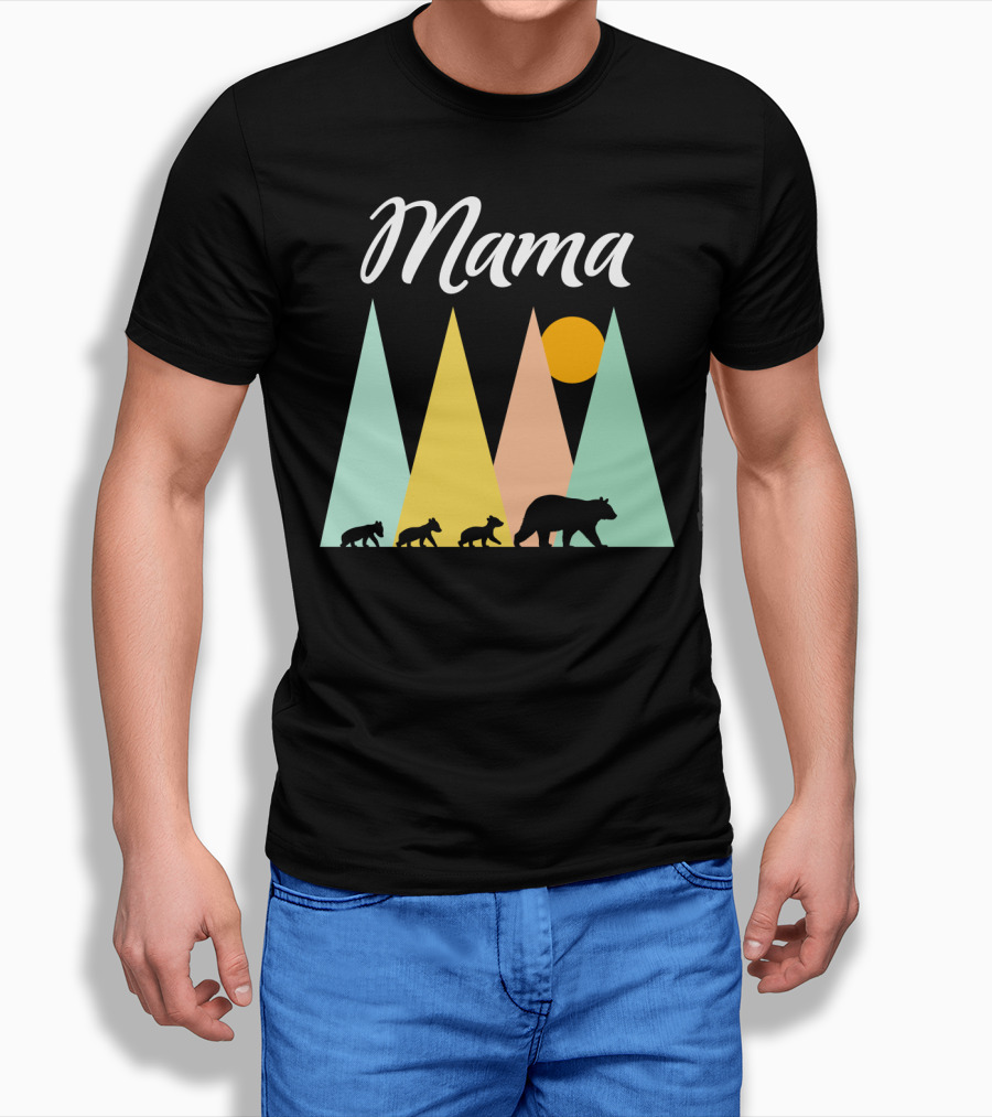 Mama Bear With Three Cubs Camping In The Mountains T-Shirt