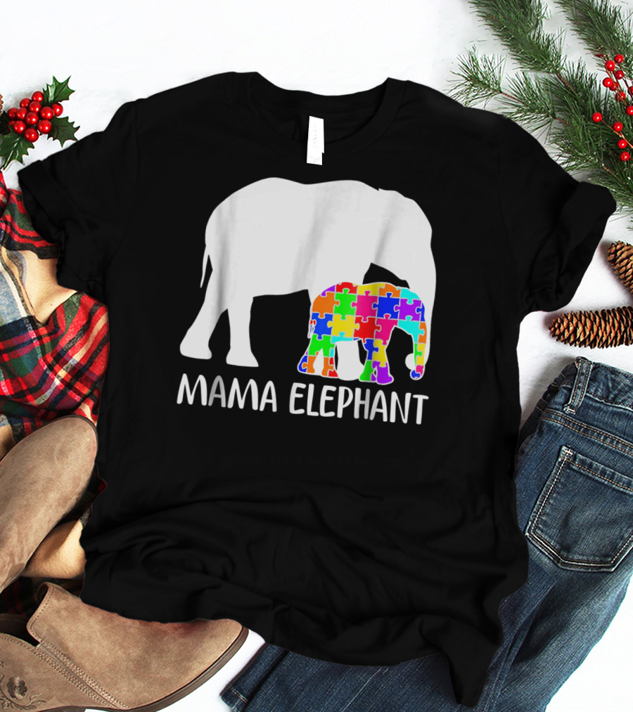 Mama Elephant Autism Awareness Puzzle Elephant Mother T-Shirt