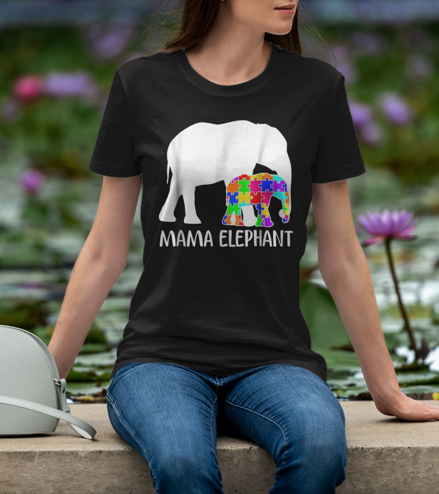 Mama Elephant Autism Awareness Puzzle Elephant Mother T-Shirt