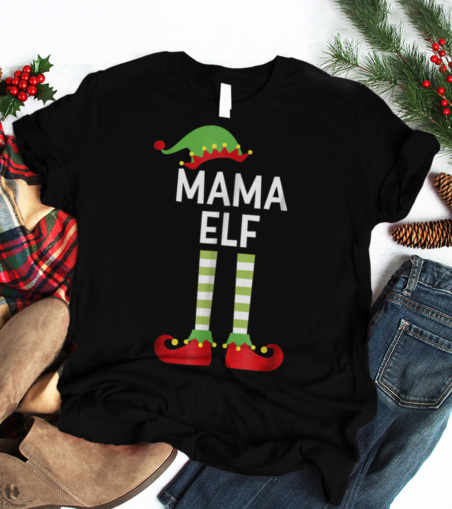 Mama Elf Mom Cute Matching Family Christmas Elves Green Hat Red Shoes Striped Socks T-Shirt