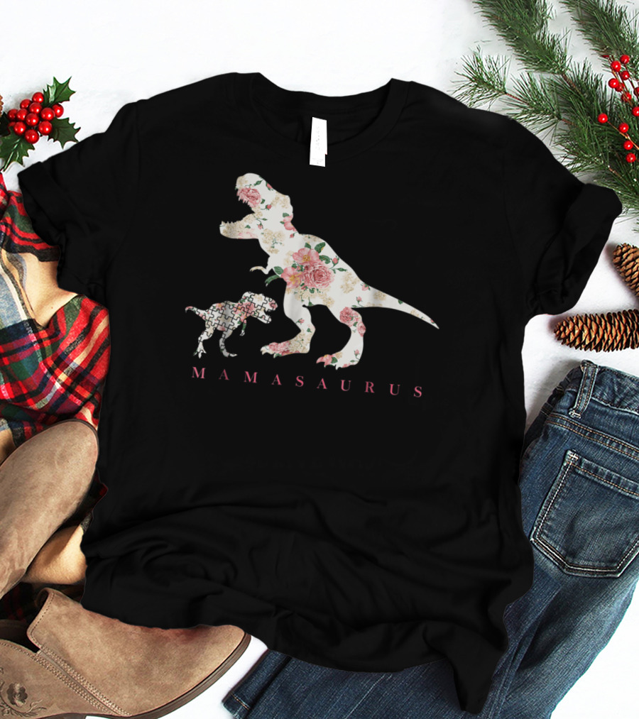 Mamasaurus Dinosaur With Floral And Puzzle Pattern For Autism Awareness T-Shirt