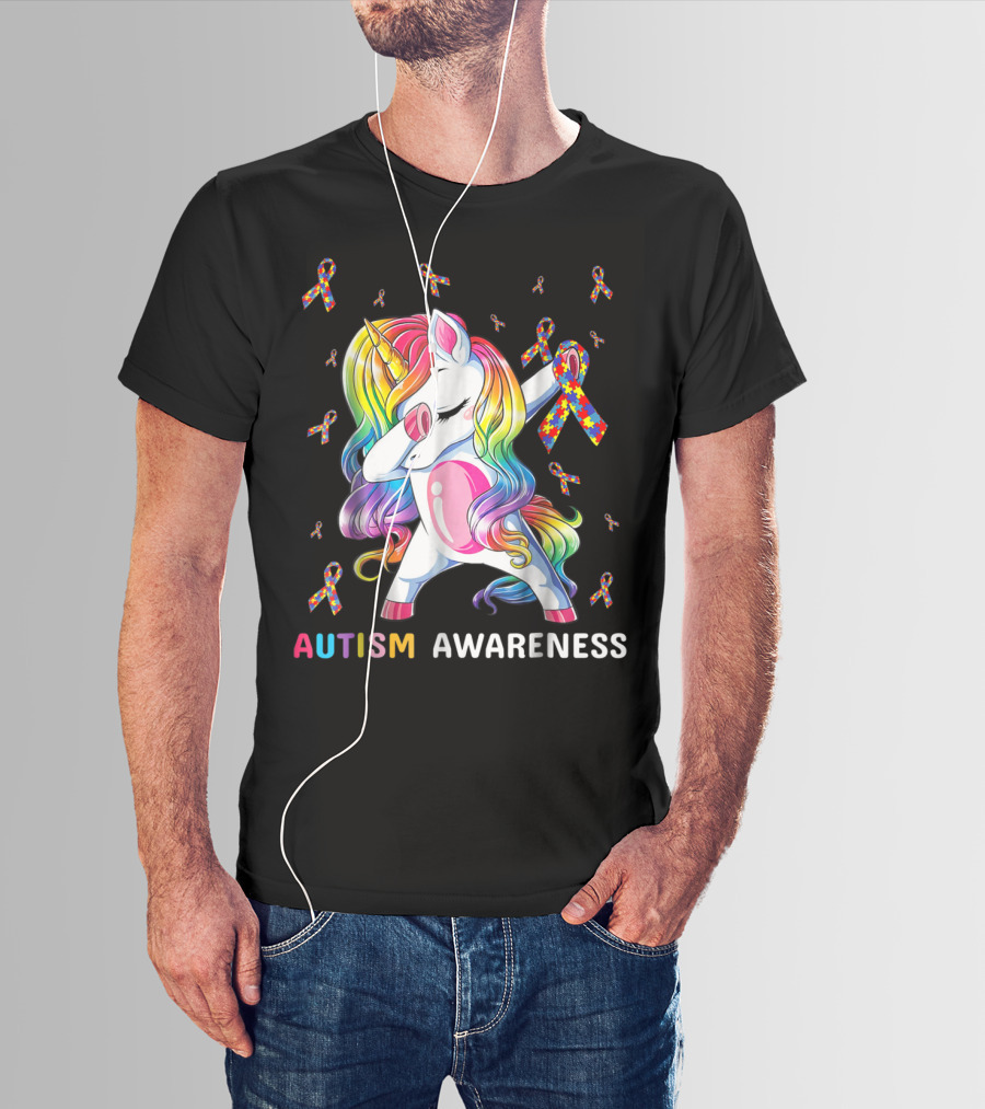 Autism Awareness Unicorn Dabbing With Rainbow Puzzle Ribbons T-Shirt