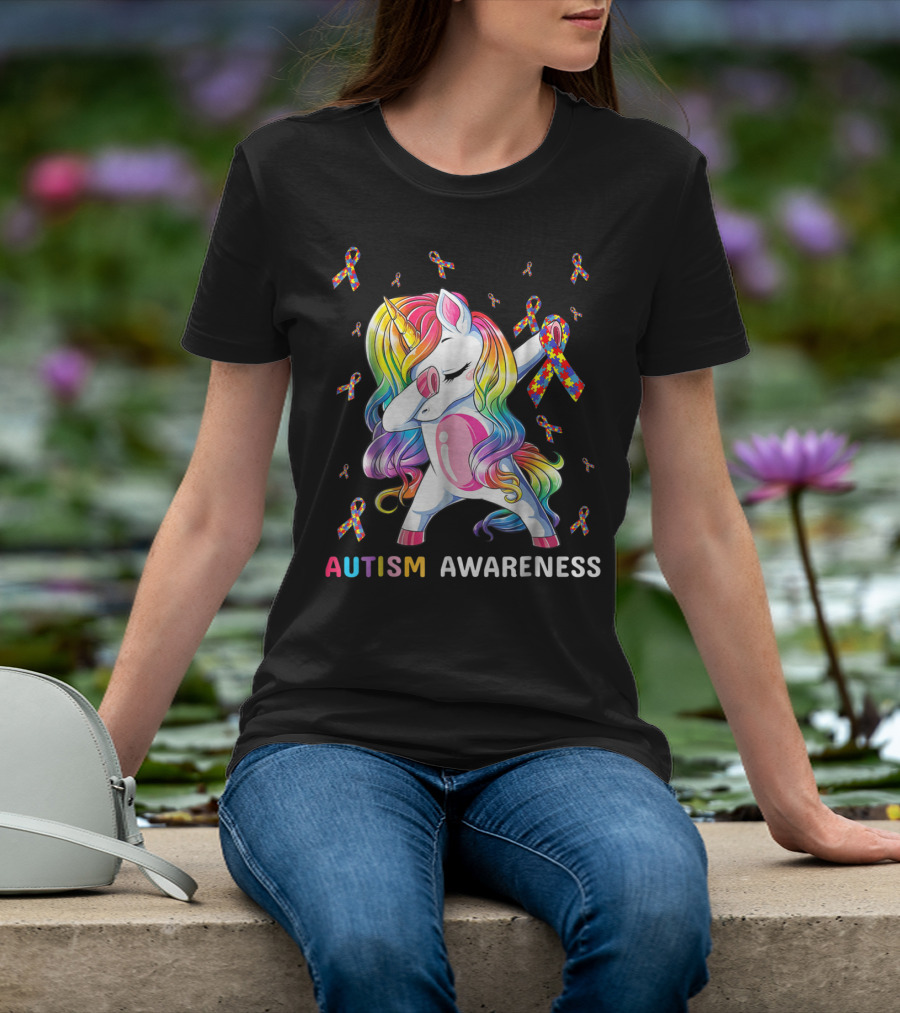 Autism Awareness Unicorn Dabbing With Rainbow Puzzle Ribbons T-Shirt