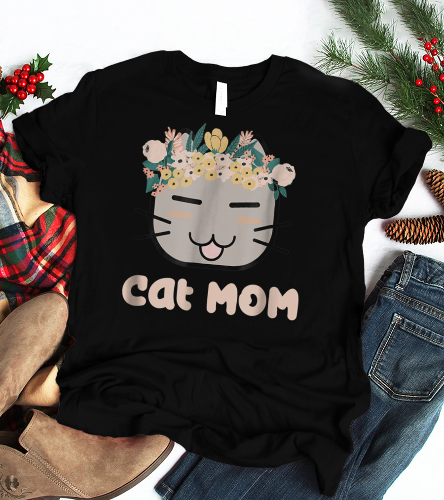 Cat Mom Floral Cat With Flower Crown T-Shirt