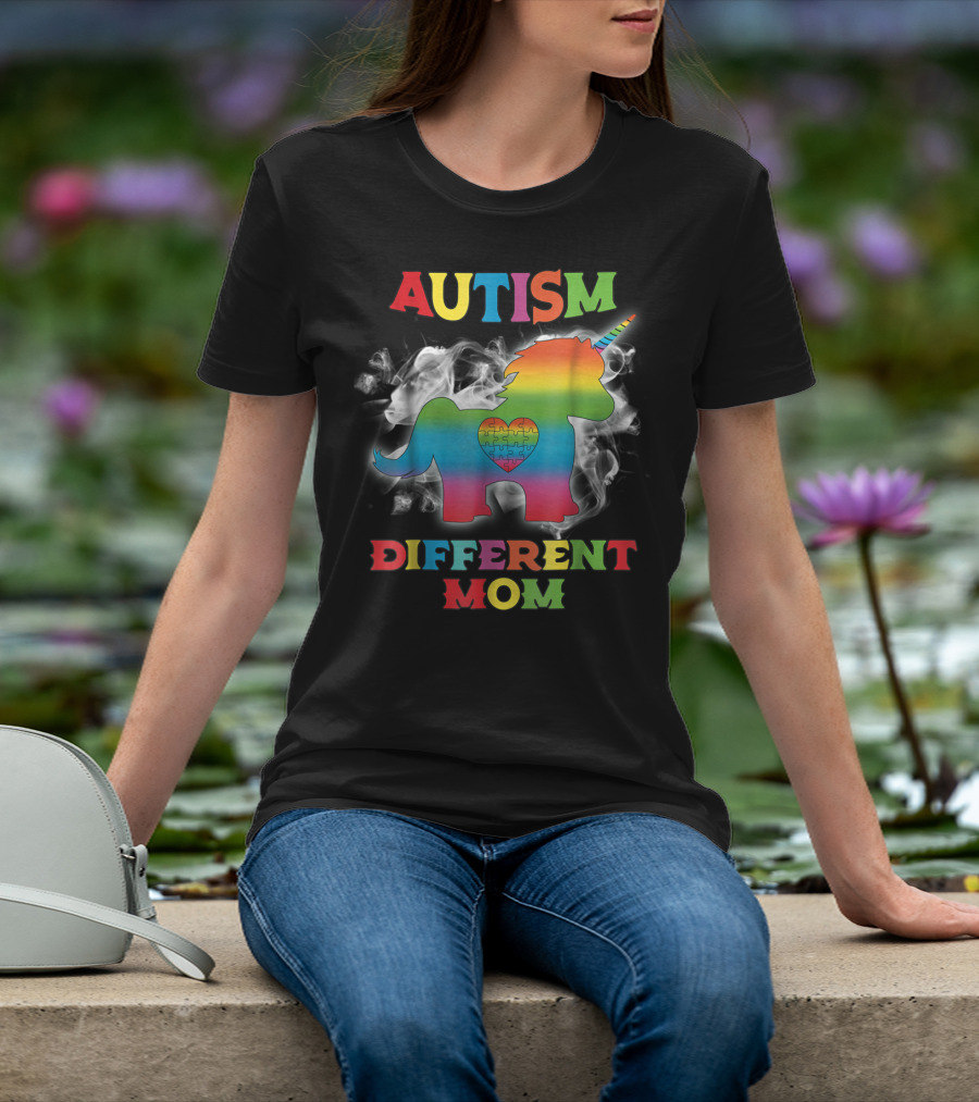 Autism Different Mom Rainbow Puzzle Heart Unicorn T-Shirt