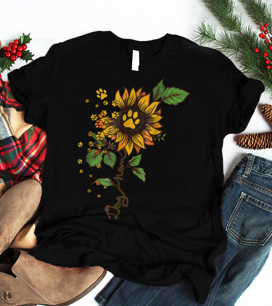 DOG MOM PAW PRINT SUNFLOWER WITH LEAVES T-Shirt