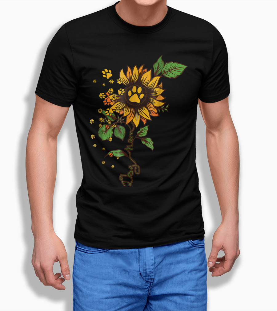 DOG MOM PAW PRINT SUNFLOWER WITH LEAVES T-Shirt