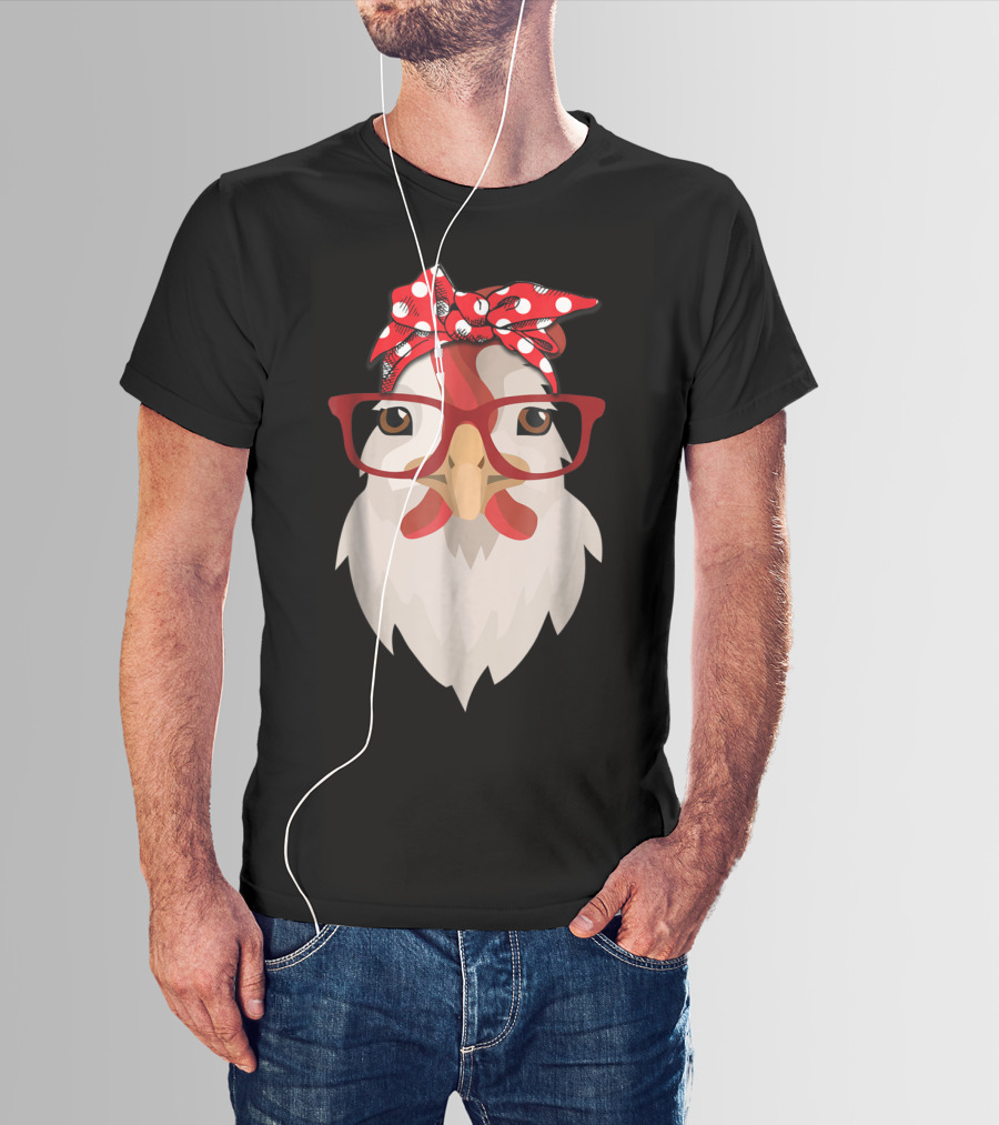 Chicken Mom Lady Farmer Thanksgiving Day Hen With Glasses And Polka Dot Bandana T-Shirt