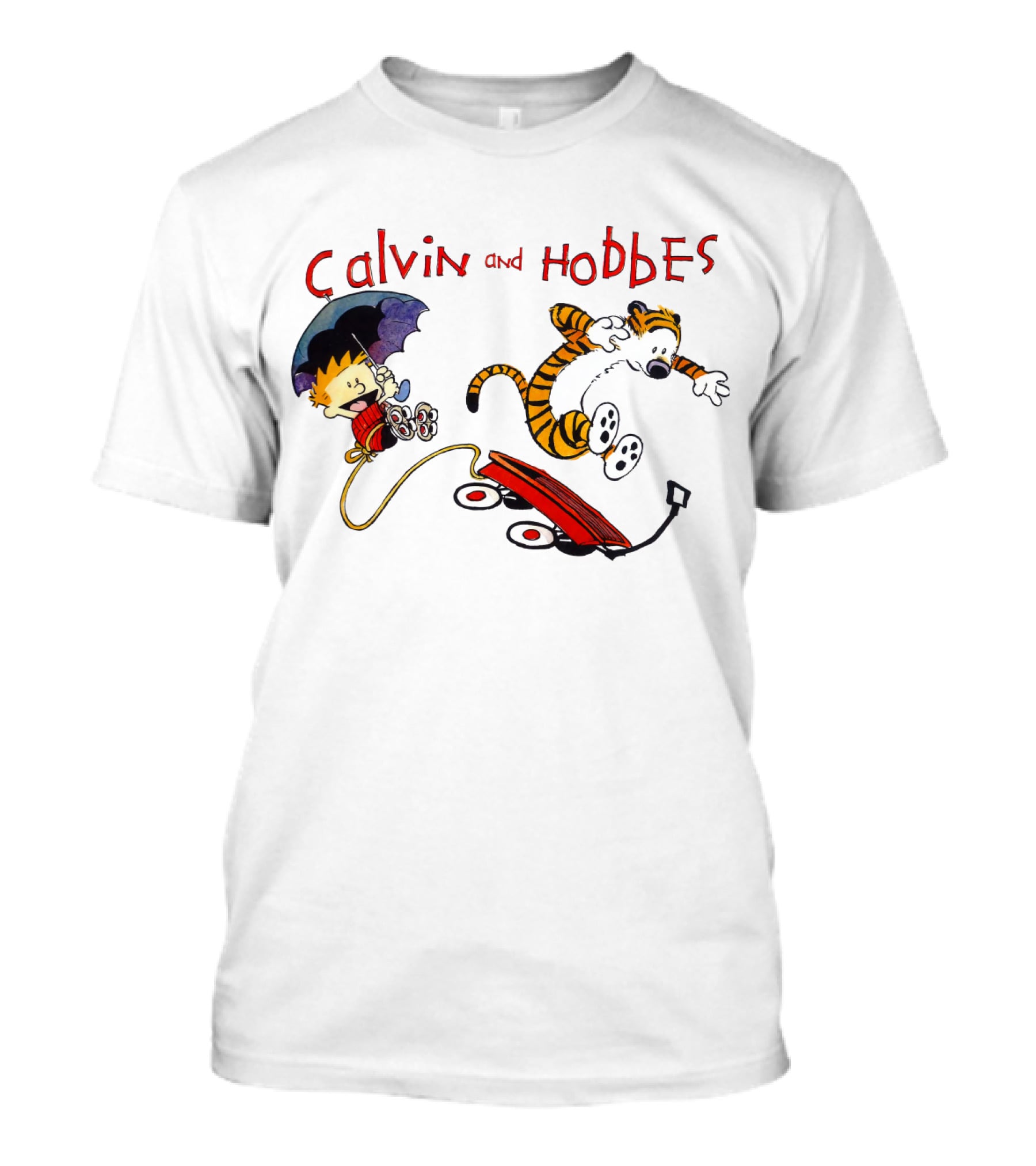 Calvin And Hobbes Adventure With Red Wagon And Umbrella T-Shirt