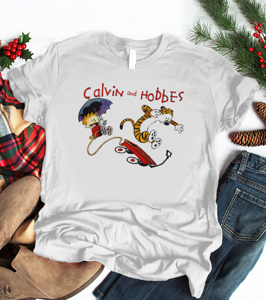 Calvin And Hobbes Adventure With Red Wagon And Umbrella T-Shirt