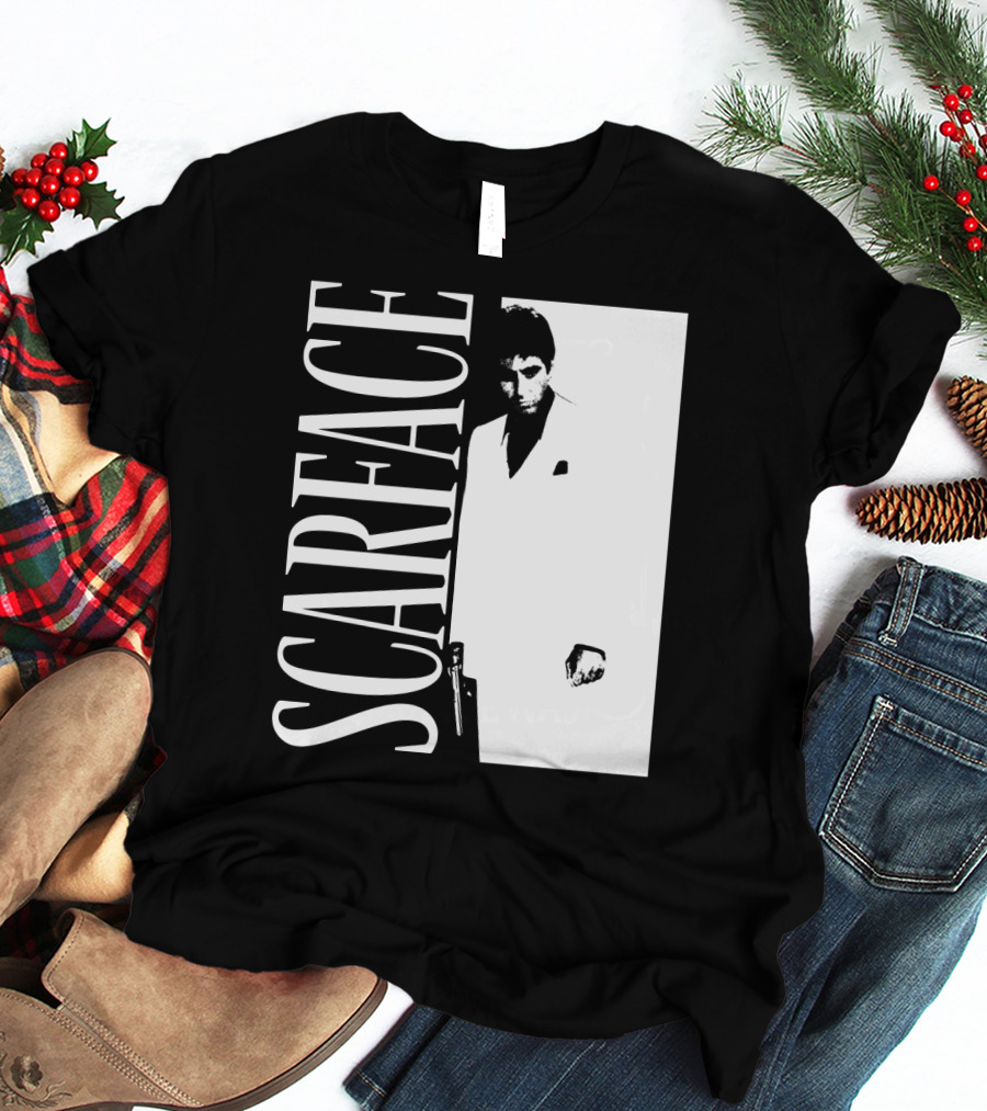 Scarface White Suit Black Background Iconic Movie Image T-Shirt