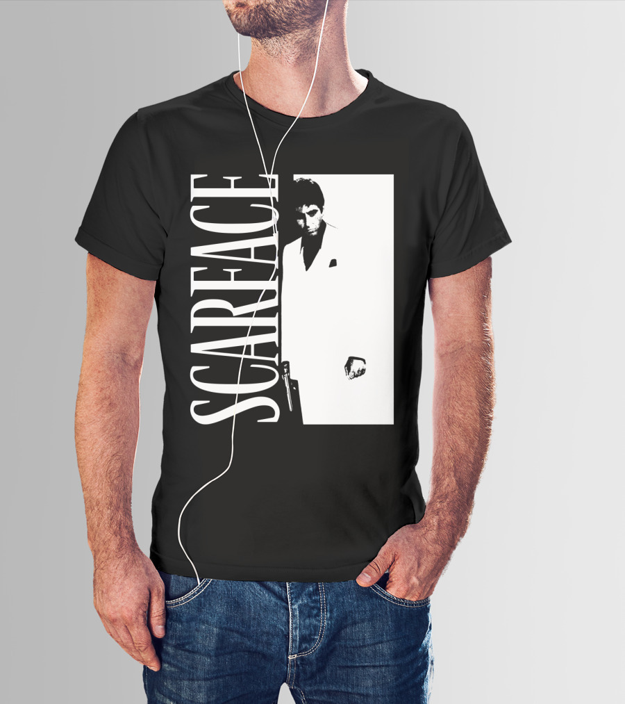 Scarface White Suit Black Background Iconic Movie Image T-Shirt
