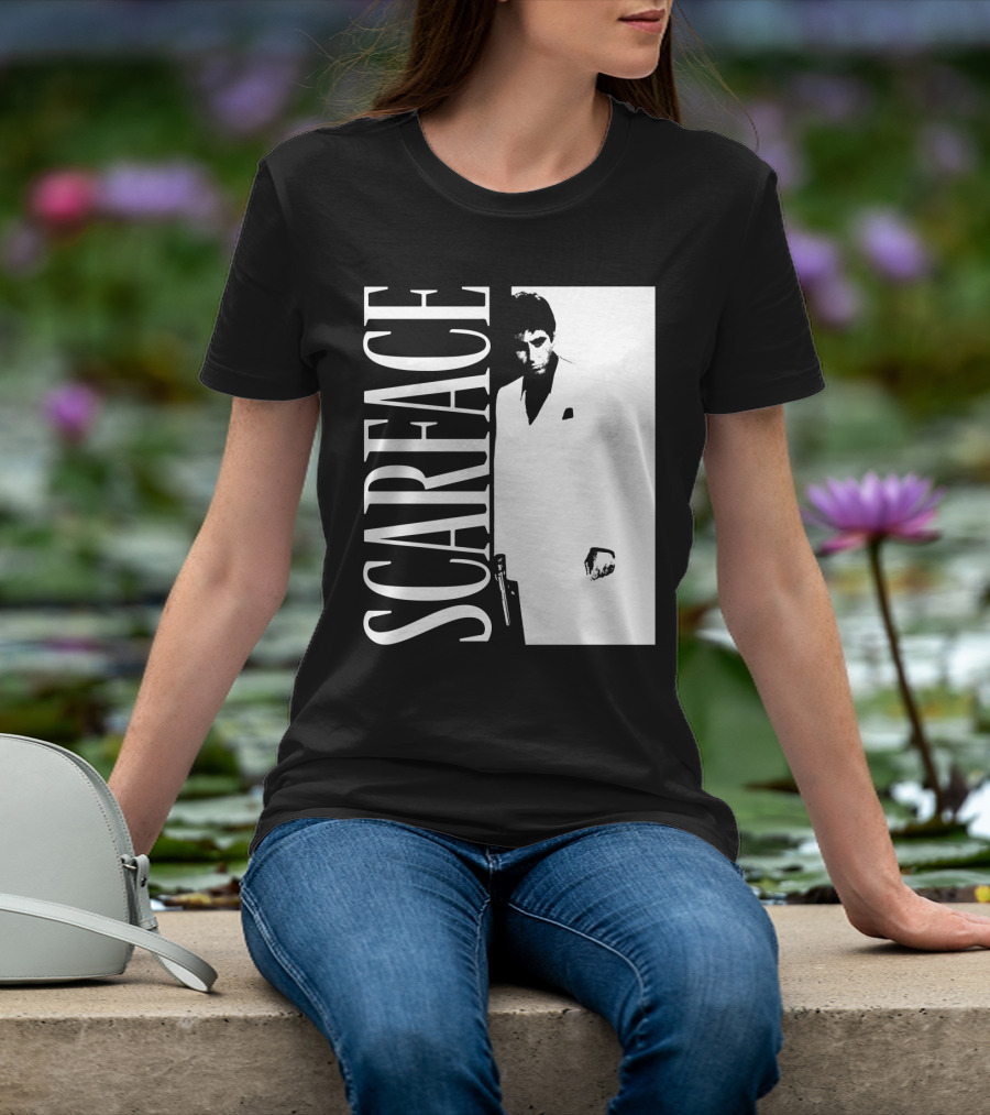 Scarface White Suit Black Background Iconic Movie Image T-Shirt